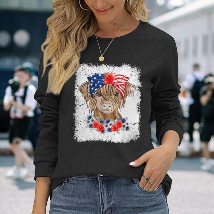 Bleached 4Th Of July Long Haired Calf Usa Patriotic Cow Long Sleeve T-Shirt Gifts for Her