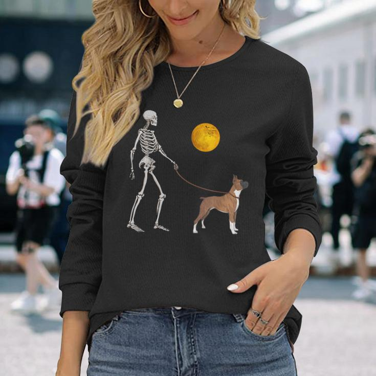 Boxer Skeleton Dog Walking Halloween Costume Long Sleeve T-Shirt Gifts for Her