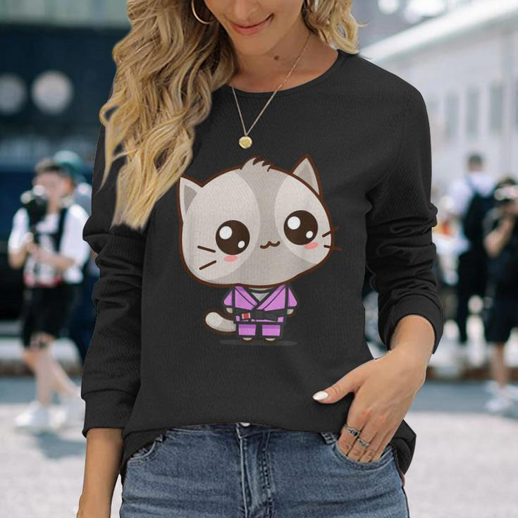 Brazilian Jiu Jitsu Black Belt Combat Sport Cute Kawaii Cat Long Sleeve T-Shirt Gifts for Her