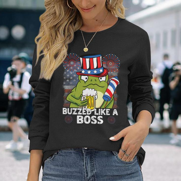 Buzzed Like A Boss 4Th Of July American Flag Frog Men Women Long Sleeve T-Shirt Gifts for Her
