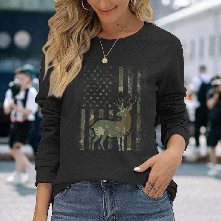 Camo American Flag Buck Hunting For Deer Hunter Long Sleeve T-Shirt Gifts for Her