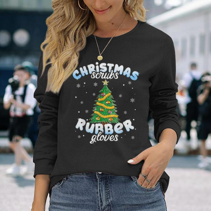Christmas Scrubs Rubber Gloves Scrub Top Cute Tree Lights Long Sleeve T-Shirt Gifts for Her
