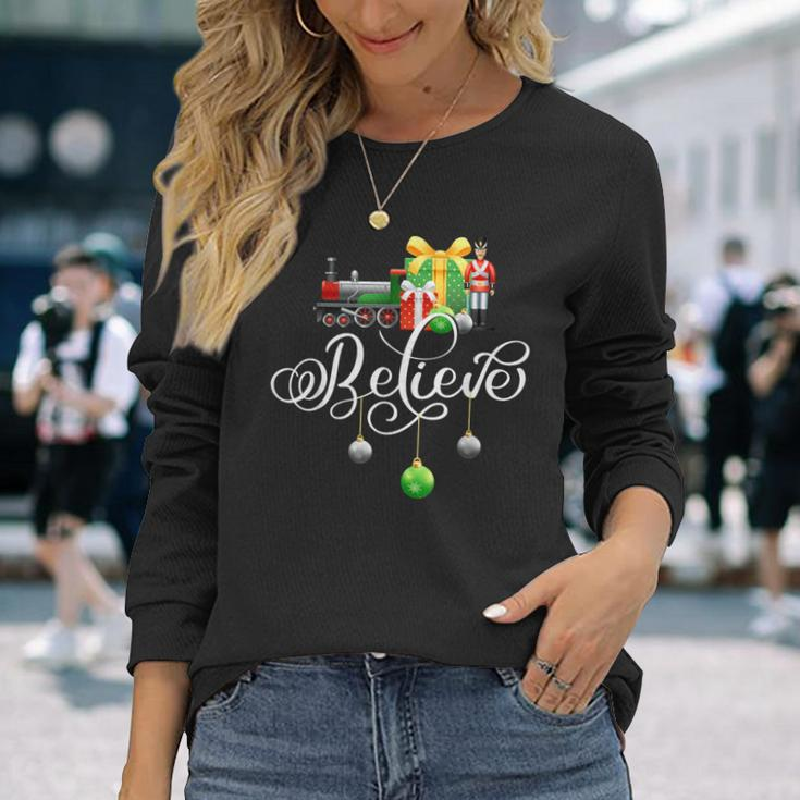 Christmas Train Christmas Believe Polar Express Xmas Santa Long Sleeve T-Shirt Gifts for Her