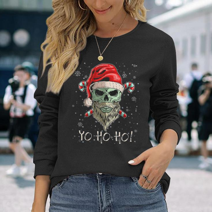 Cool Skull Beard Santa Pirate Christmas Jolly Roger Pajamas Long Sleeve T-Shirt Gifts for Her