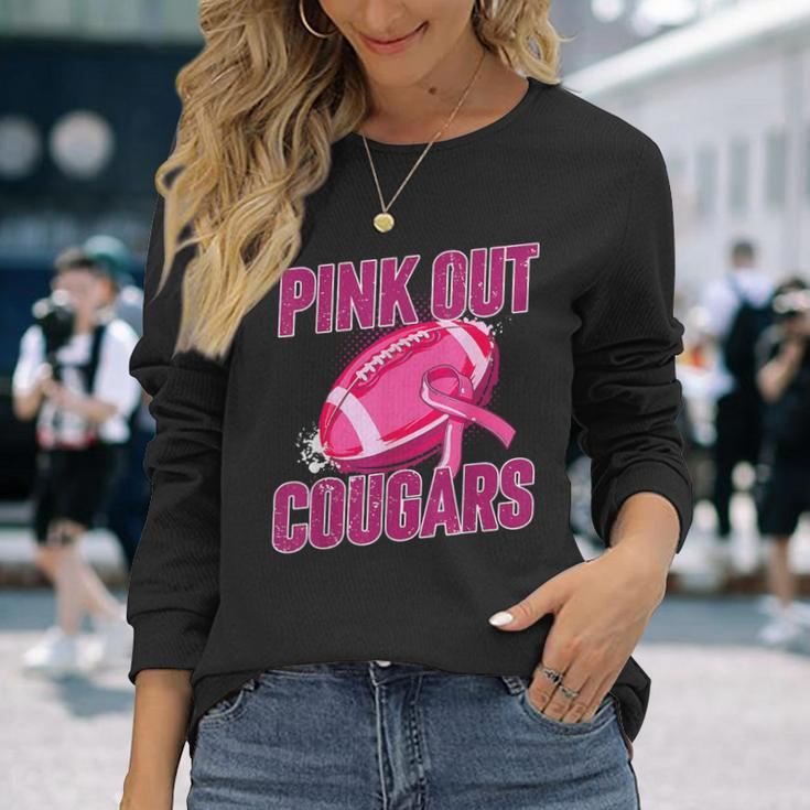 Cougars Pink Out Football Tackle Breast Cancer Long Sleeve T-Shirt Gifts for Her