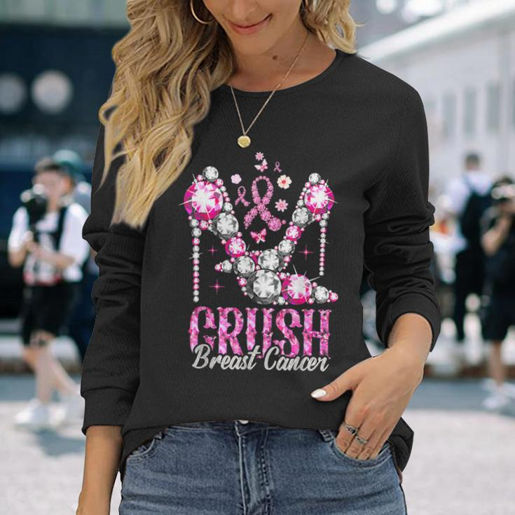 Crush Breast Cancer Awareness Bling Pink Ribbon Long Sleeve T-Shirt Gifts for Her