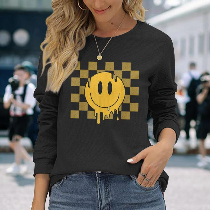 Cute Retro Happy Face Checkered Pattern Yellow Melting Face Long Sleeve T-Shirt Gifts for Her