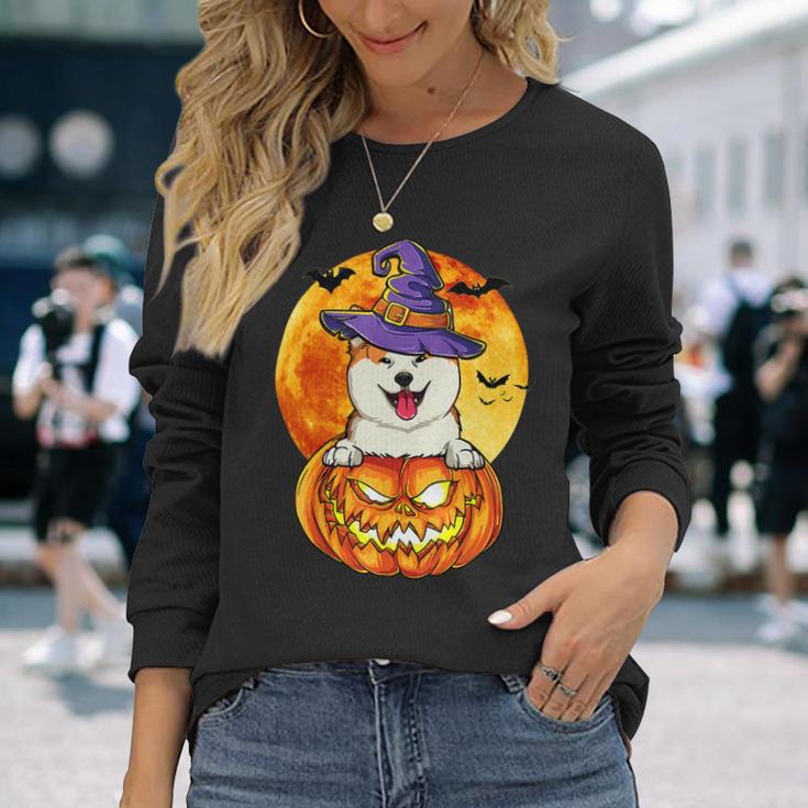 Dog Akita Witch Pumpkin Halloween Dog Lover Long Sleeve T-Shirt Gifts for Her