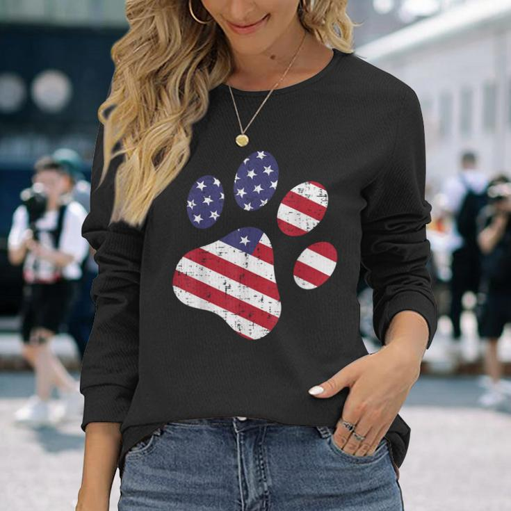 Dog Paw Print American Flag Usa Cute 4Th Of July Fourth Dogs Long Sleeve T-Shirt Gifts for Her