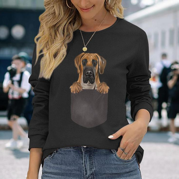 Dog In Pocket Dog Lover Brown Great Dane Long Sleeve T-Shirt Gifts for Her