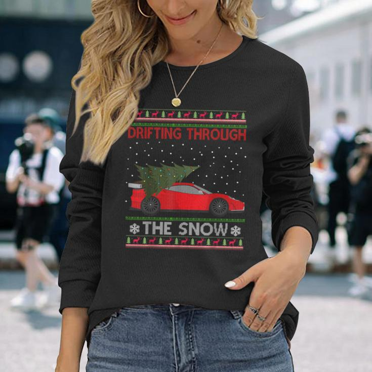 Drifting Through The Snow Ugly Christmas Sweater Tree Car Long Sleeve T-Shirt Gifts for Her