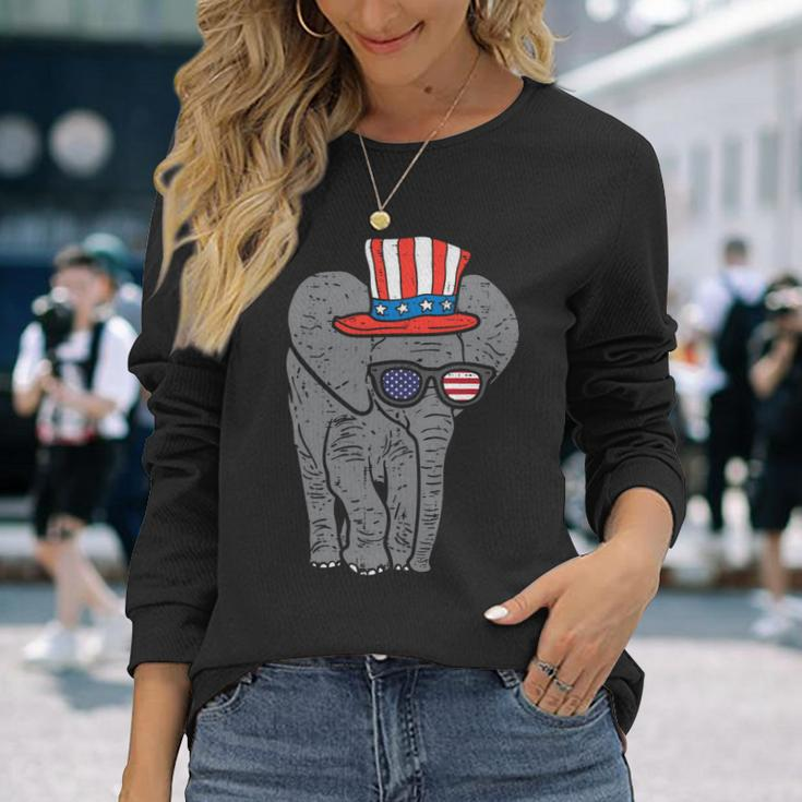 Elephant American Flag Usa 4Th Of July Fourth Patriot Animal Long Sleeve T-Shirt Gifts for Her