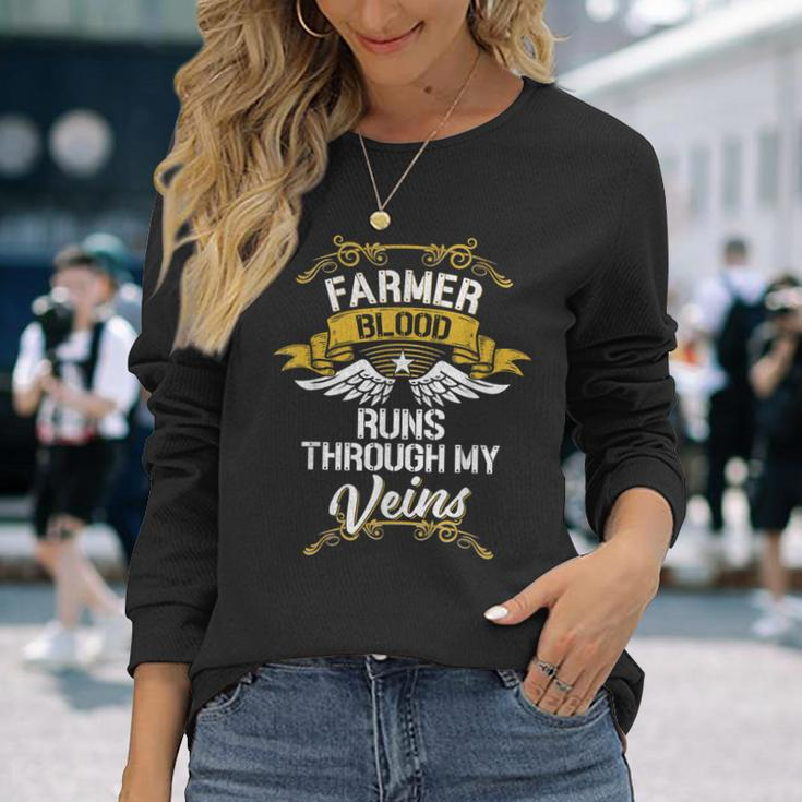 Farmer Blood Runs Through My Veins Long Sleeve T-Shirt Gifts for Her
