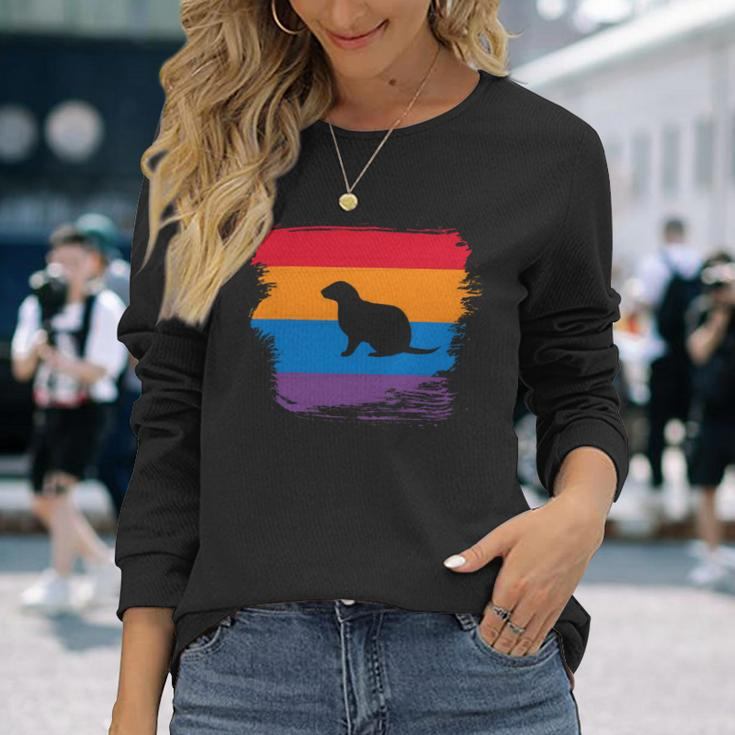 Ferret Shadow Silhouette With Colorful Flag Long Sleeve T-Shirt Gifts for Her
