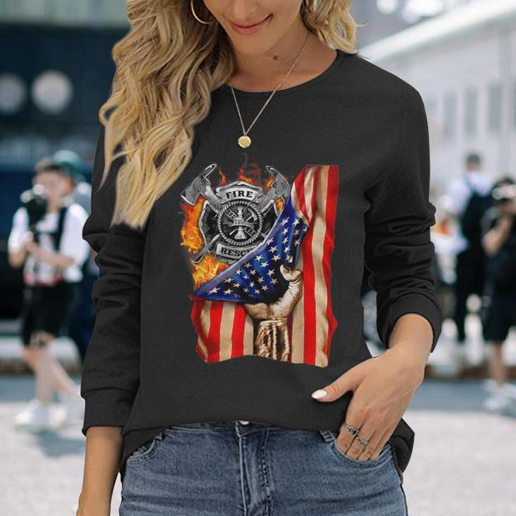 Firefighter American Flag Pride Hand Fire Service Lover Long Sleeve T-Shirt T-Shirt Gifts for Her