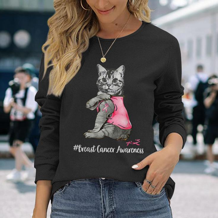 Cat Pink Ribbon In October We Wear Pink Breast Cancer Long Sleeve Gifts for Her