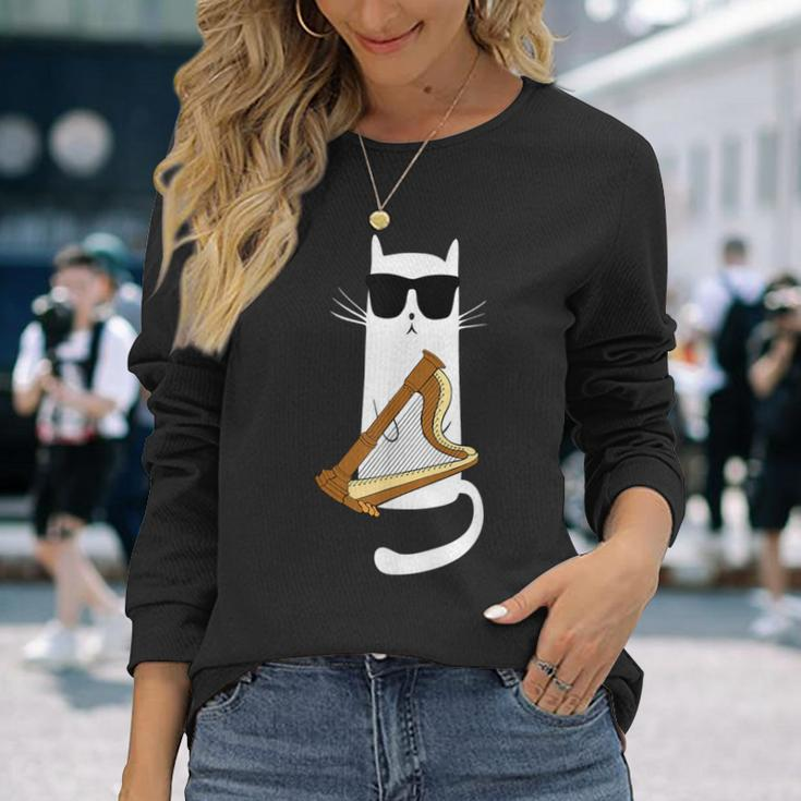 Cat Wearing Sunglasses Playing Harp Long Sleeve T-Shirt Gifts for Her