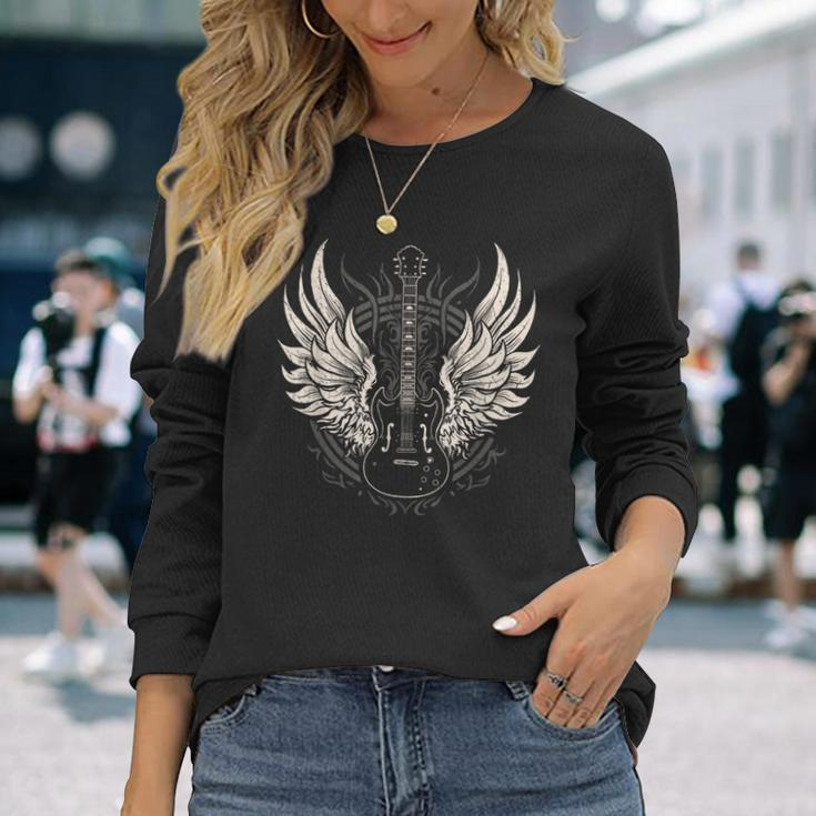 Guitar Wings Vintage Retro 80S Rock & Roll Music Long Sleeve T-Shirt Gifts for Her