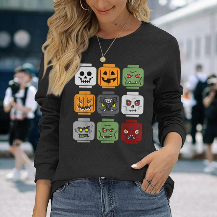Halloween Building Brick Head Pumpkin Ghost Zombie Friends Long Sleeve T-Shirt Gifts for Her