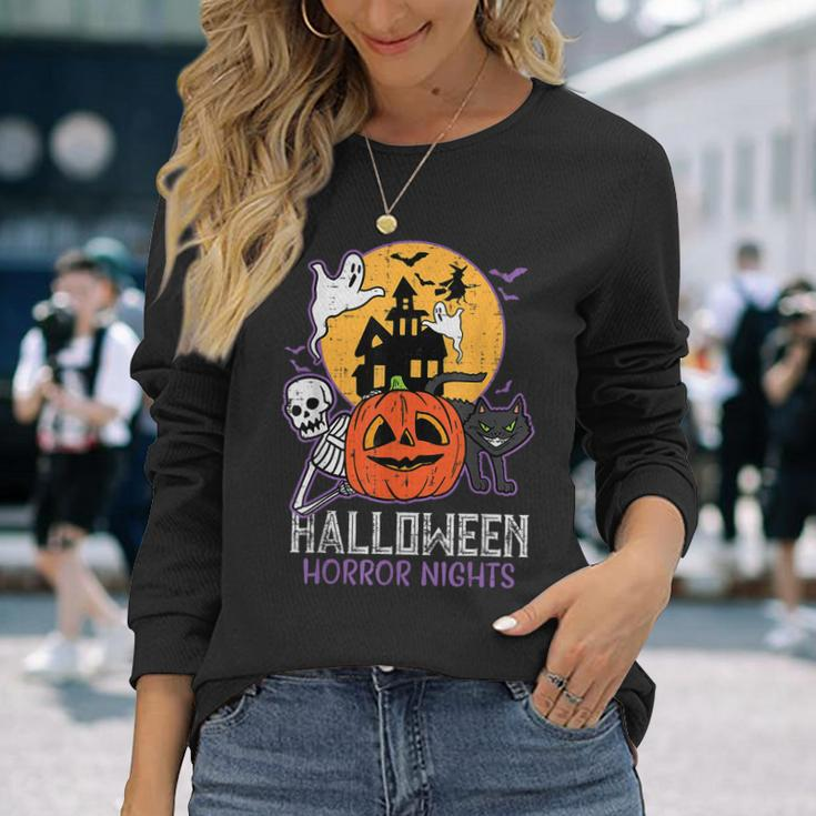 Halloween Horror Nights Retro Movie Poster Spooky Skeleton Halloween Horror Nights Long Sleeve T-Shirt Gifts for Her