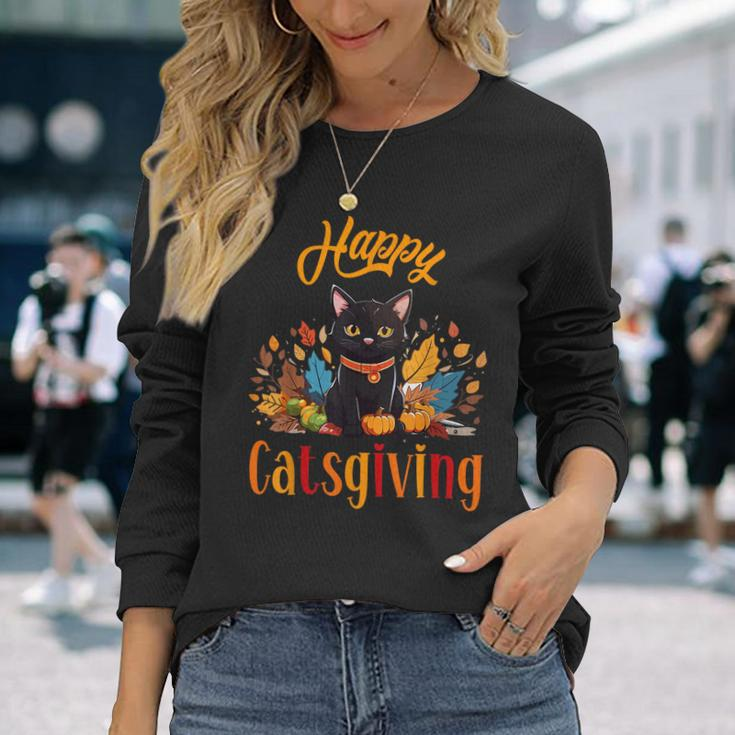 Happy Catsgiving Cute Black Cat Kitten Lover Thanksgiving Long Sleeve T-Shirt Gifts for Her