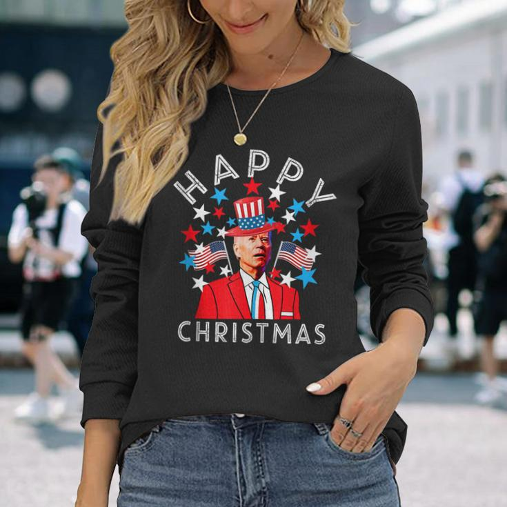 Happy Christmas Joe Biden 4Th Of July Memorial Independence Long Sleeve T-Shirt Gifts for Her