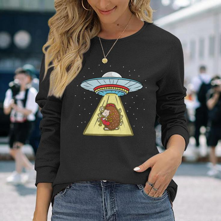 Hedgehog Playing Bagpipe Ufo Abduction Long Sleeve T-Shirt Gifts for Her