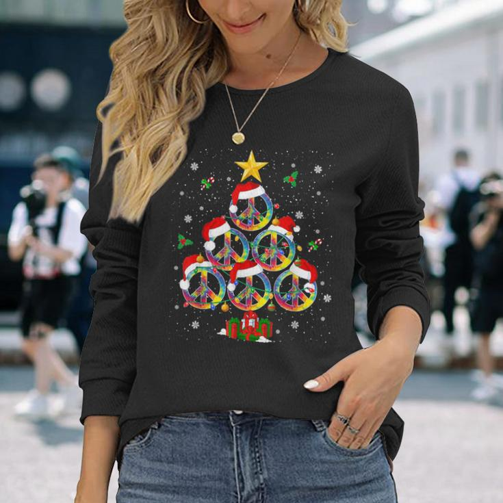 Hippies Christmas Peace Sign Tie Dye Xmas Tree Lights Long Sleeve T-Shirt Gifts for Her