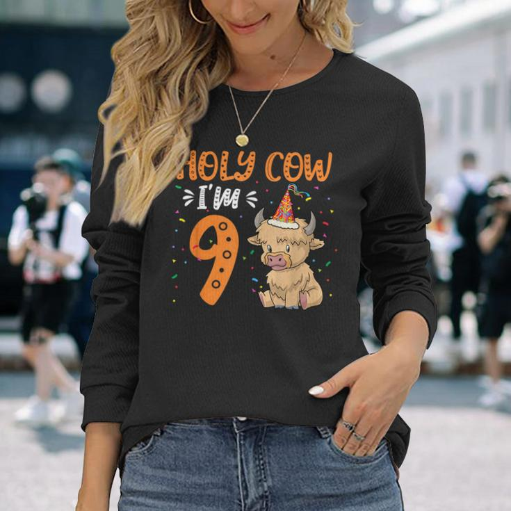 Holy Cow Im 9 Scottish Highland Cow Print 9Th Birthday Girl Long Sleeve T-Shirt Gifts for Her