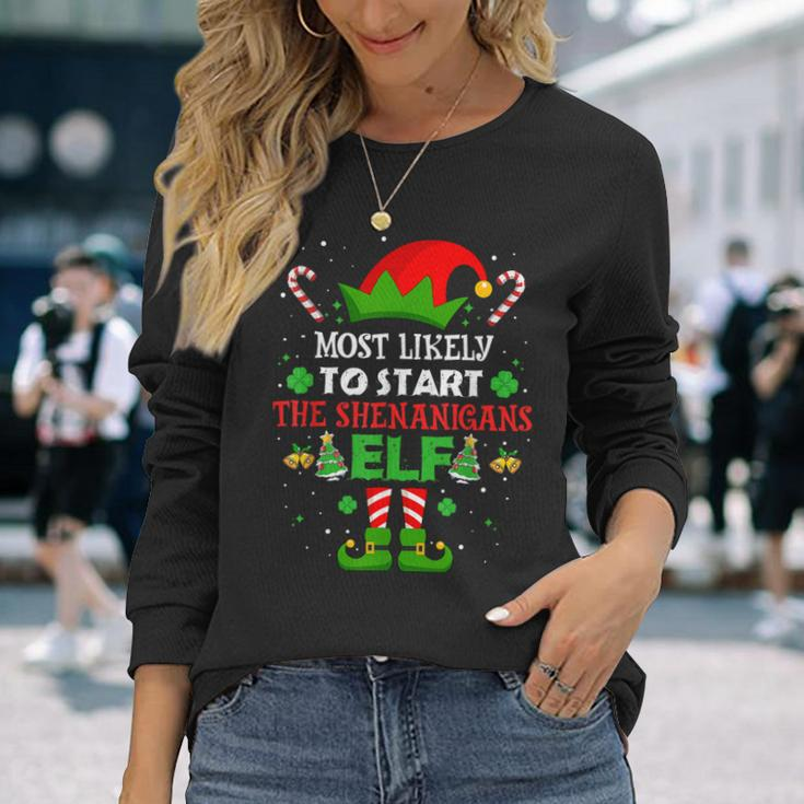 Most Likely To Start The Shenanigans Elf Christmas Family Long Sleeve T-Shirt Gifts for Her