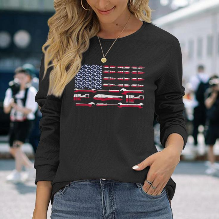 Mechanic Engineer Car Motorcycle Plane Us Flag Patriotic Long Sleeve T-Shirt Gifts for Her