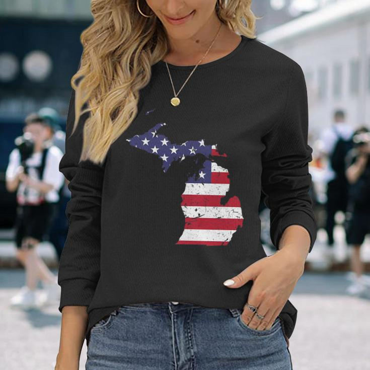 Michigan Map State American Flag 4Th Of July Pride Long Sleeve T-Shirt T-Shirt Gifts for Her