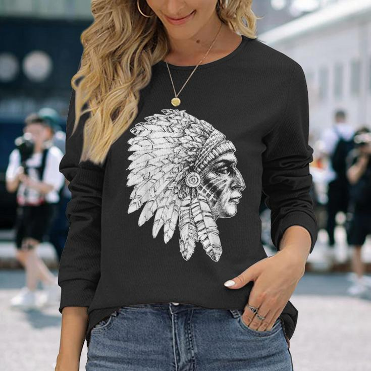 Native American Feather Headdress America Indian Chief Long Sleeve T-Shirt Gifts for Her