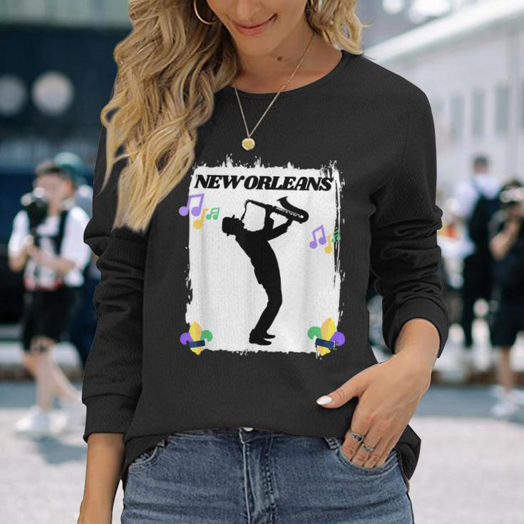 New Orleans Louisiana Skyline Music Jazz Travel Holidays Long Sleeve T-Shirt Gifts for Her