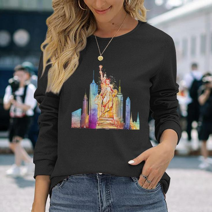 New York City Nyc Retro Watercolor Statue Of Liberty Ny City Long Sleeve T-Shirt T-Shirt Gifts for Her