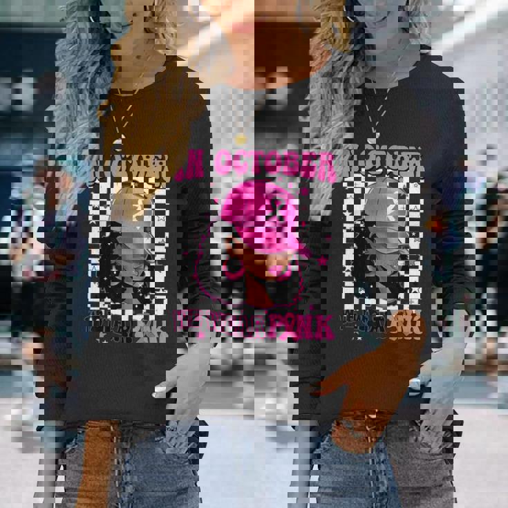 In October We Wear Pink Black Woman Breast Cancer Awareness Long Sleeve T-Shirt Gifts for Her