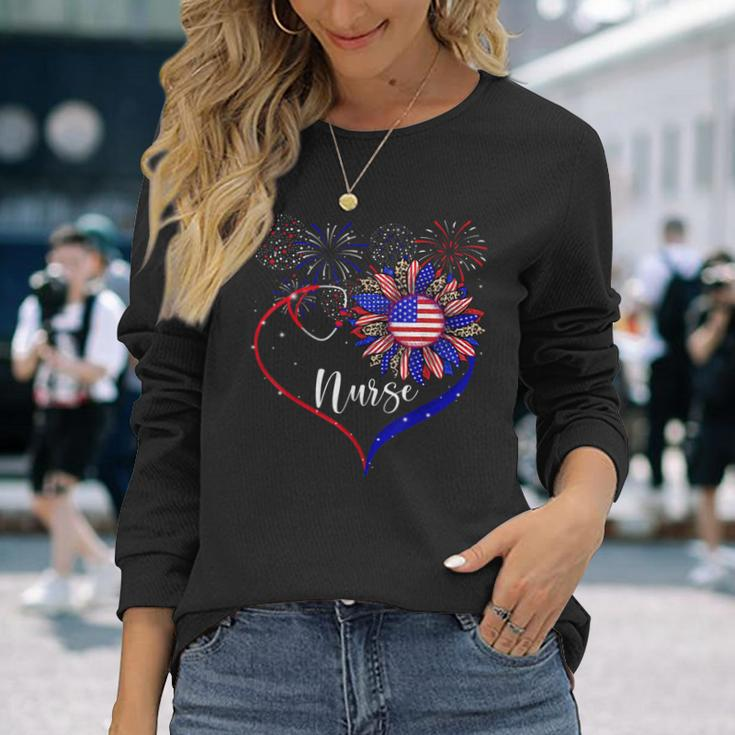 Patriotic Nurse 4Th Of July American Flag Sunflower Love Long Sleeve T-Shirt Gifts for Her