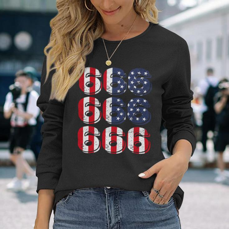 Patriotic Satan American Flag Occult Pentagram Baphomet 666 Long Sleeve T-Shirt Gifts for Her