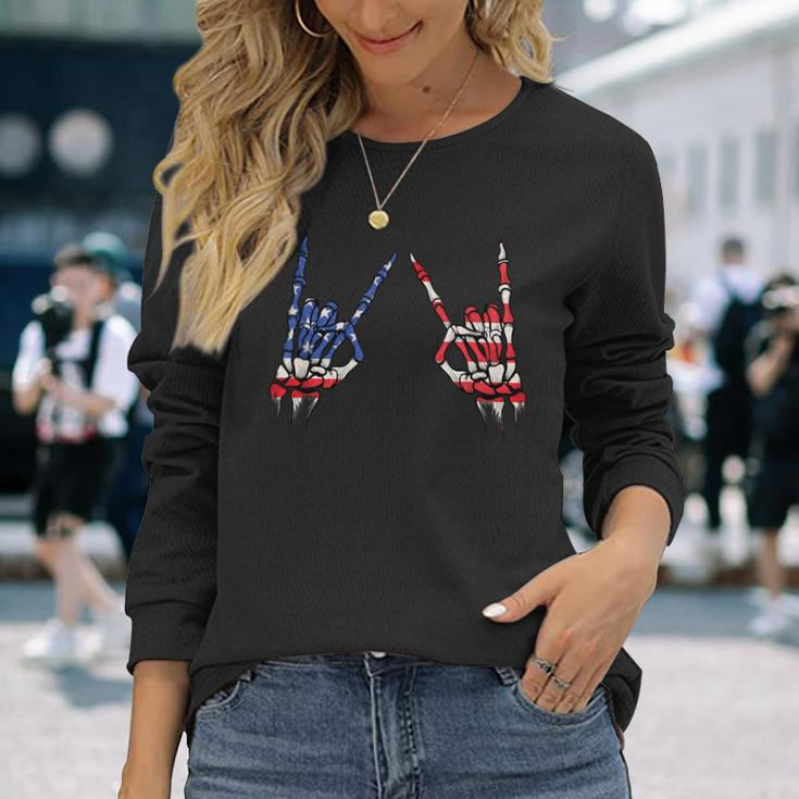 Patriotic Usa Flag Skeleton Rock On Devil Horns 4Th Of July Patriotic Long Sleeve T-Shirt T-Shirt Gifts for Her