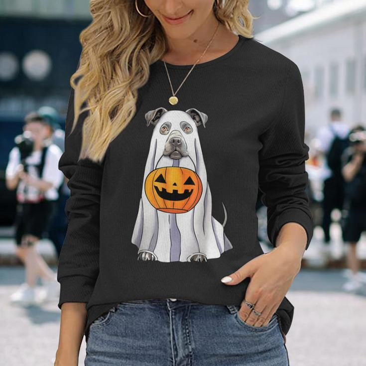 Pitbull Dog Trick Or Treat Dressed As Ghost Halloween Long Sleeve T-Shirt Gifts for Her