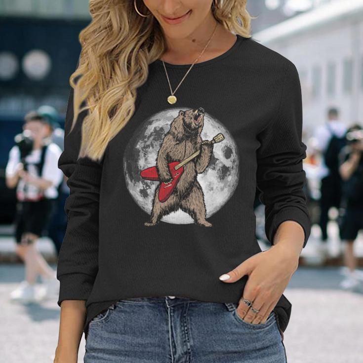 Roaring Grizzly Bear Moon Sweet 80S Electric Guitar Long Sleeve T-Shirt Gifts for Her