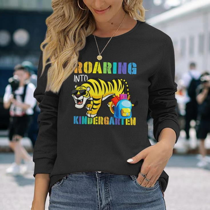 Roaring Into Kindergarten Tiger Back To School From Teacher Long Sleeve T-Shirt Gifts for Her