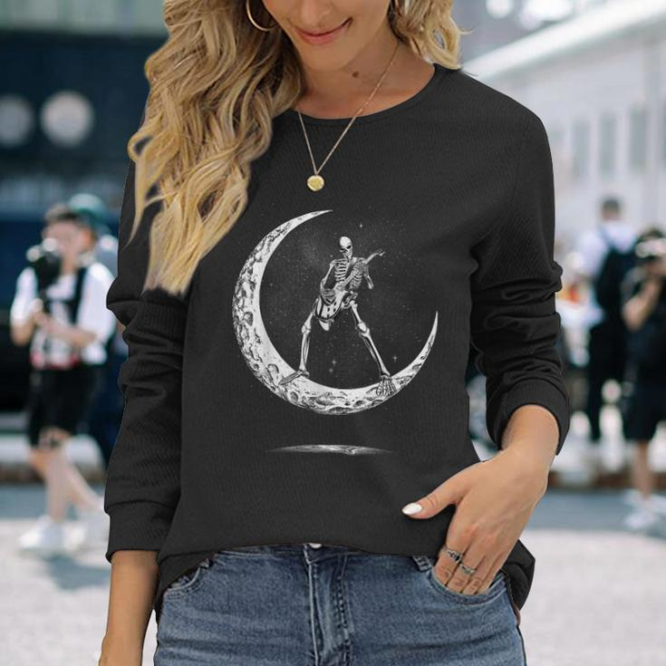 Rock On Skeleton Moon Rock And Roll Halloween Long Sleeve T-Shirt Gifts for Her