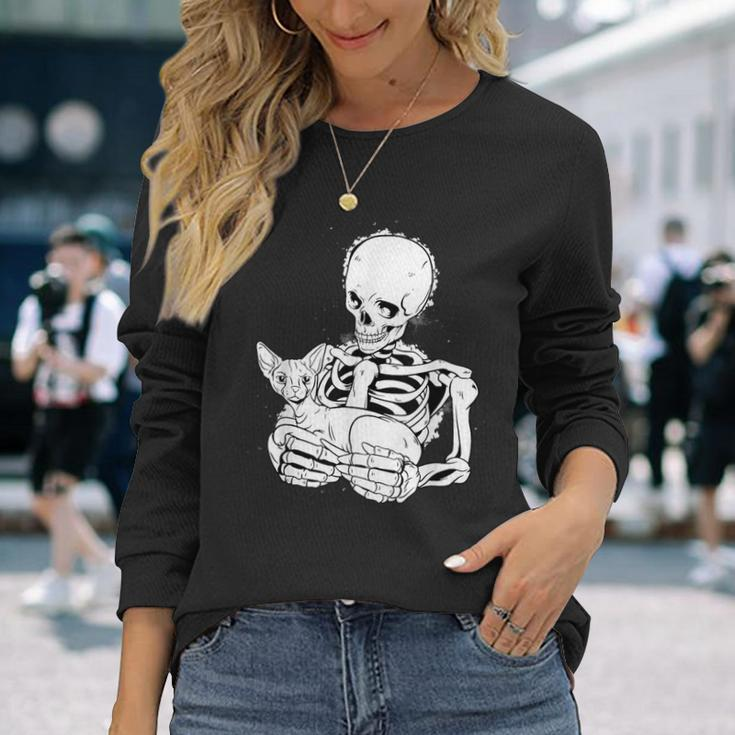 Skeleton Holding A Cat Lazy Halloween Costume Skull Long Sleeve T-Shirt Gifts for Her