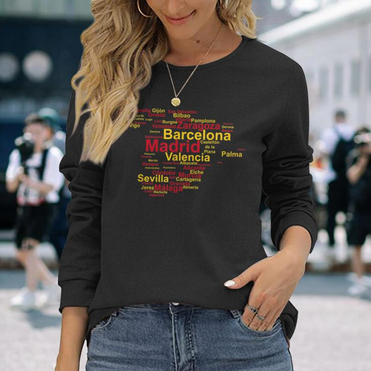Spain Map Silhouette Towns Cities Madrid Travel Espana Long Sleeve T-Shirt Gifts for Her