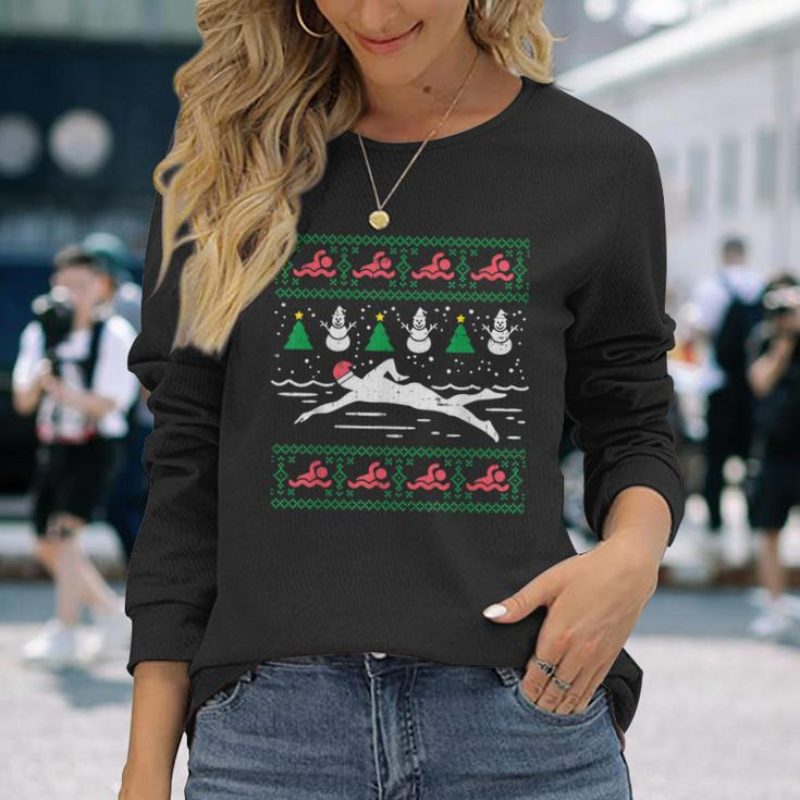 Swimmin Santa Ugly Christmas Sweater Sport Swim Swimmer Long Sleeve T-Shirt Gifts for Her