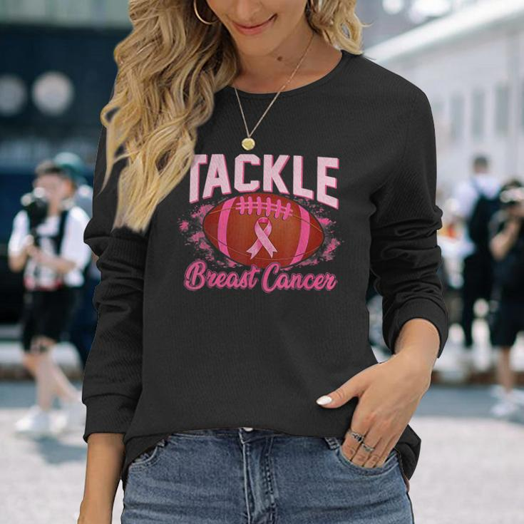 Tackle Football Pink Ribbon Warrior Breast Cancer Awareness Long Sleeve T-Shirt Gifts for Her