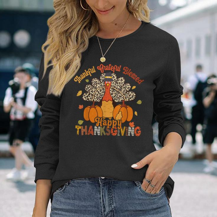 Thankful Grateful Blessed Thanksgiving Turkey Leopard Print Long Sleeve T-Shirt Gifts for Her