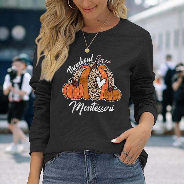 Thankful Montessori Pumpkin Leopard Plaid Thanksgiving Day Long Sleeve T-Shirt Gifts for Her