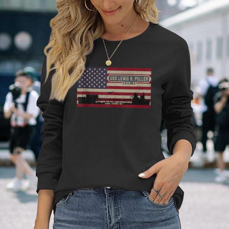 Uss Lewis B Puller Esb-3 Mobile Base Ship American Flag Long Sleeve T-Shirt Gifts for Her